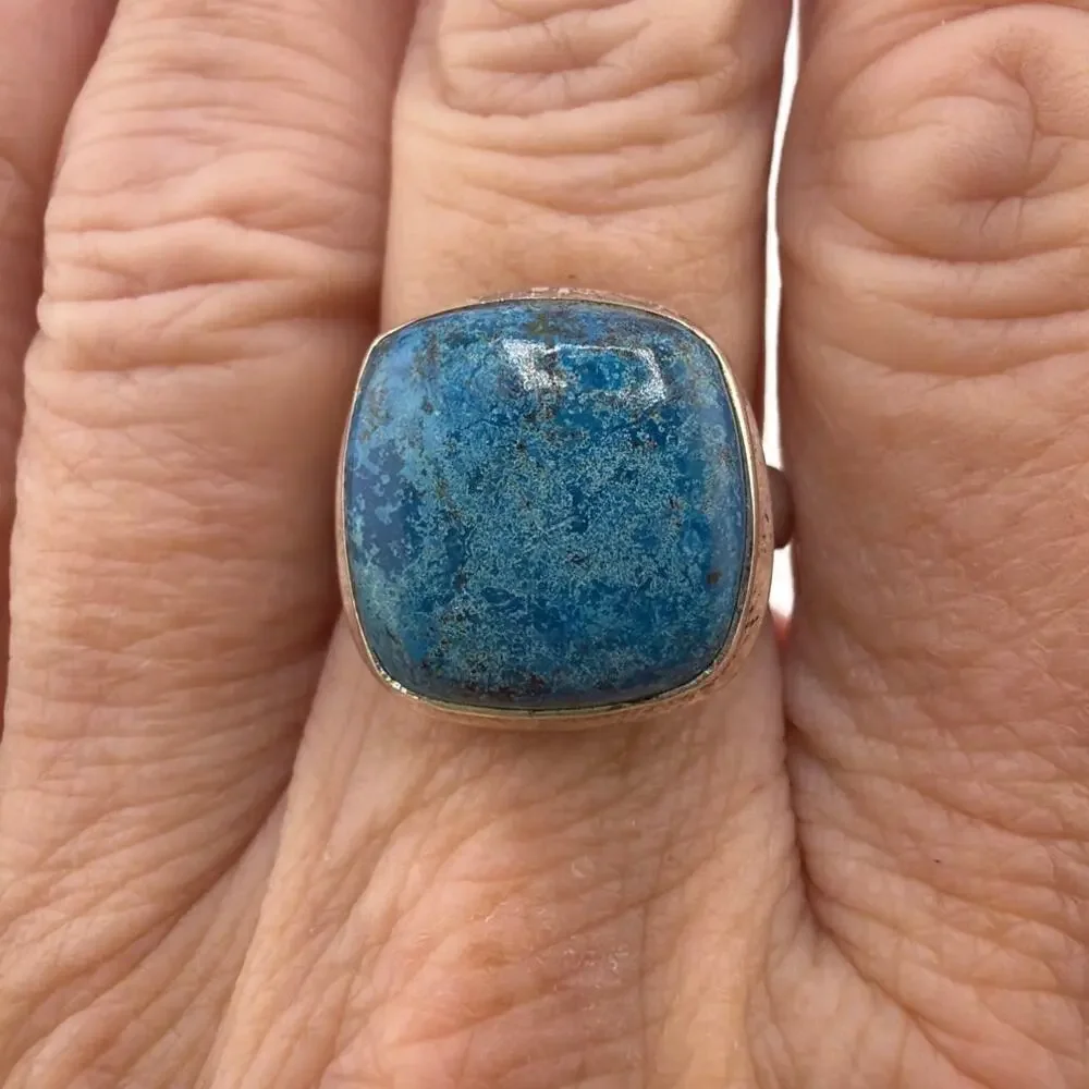 Cushion Cut Azurite Chrysocolla Sterling Silver Ring Artisan Jewelry 8.5